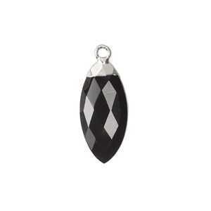 Black onyx / copper / sterling silver 1pkg1, silver-plated hand-cut faceted puffed marquise drop 19x9mm