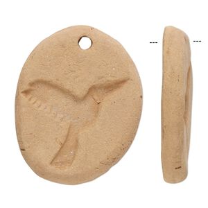 Focal, terra cotta, 31x26mm-34x28mm single-sided flat oval with bird design. Sold per pkg of 2.