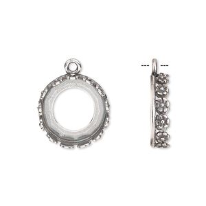 Drop, JBB Findings, antique silver-plated brass, 16mm round with open back and flower design trim, 14mm round bezel setting. Sold per pkg of 2.