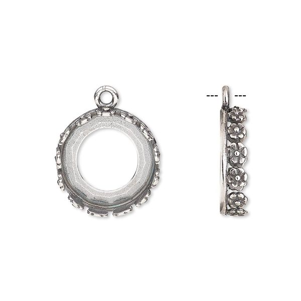 Drop, JBB Findings, antique silver-plated brass, 16mm round with open back and flower design trim, 14mm round bezel setting. Sold per pkg of 2. image number 0