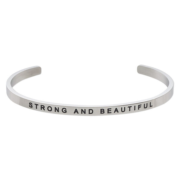 Bracelet, Everyday Jewelry, cuff, stainless steel, 4mm wide with "STRONG AND BEAUTIFUL," 8 inches. Sold individually. image number 0