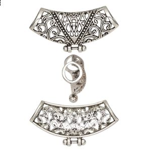 Slide, antique silver-finished "pewter" (zinc-based alloy), 34.5x18mm single-sided curved tube with fancy cutout design. Sold per pkg of 6.