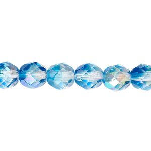 Bead, Czech fire-polished glass, two-tone, crystal/aqua AB, 8mm faceted round. Sold per 15-1/2" to 16" strand.
