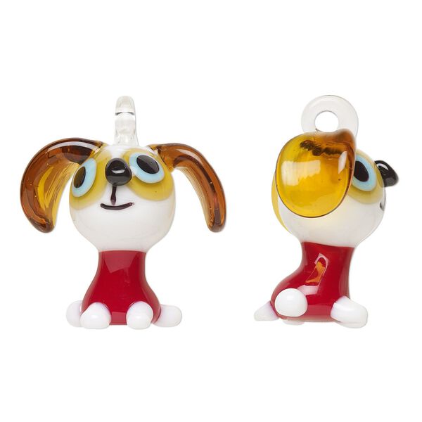 Focal, lampworked glass, opaque and transparent multicolored, 36x32mm 3D sitting dog. Sold individually. image number 0