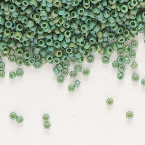 Seed bead, Miyuki, glass, pkg/35g, #15 rocaille, opaque matte rainbow turtle green, (RR-4699). image number 0