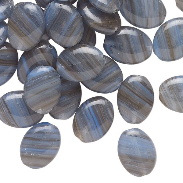 Bead, Czech pressed glass, translucent blue-grey, 12x9mm puffed oval with stripe design. Sold per 1-ounce pkg, approximately 40 beads. image number 0