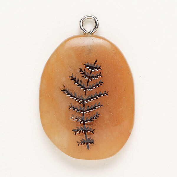 Focal, silver-finished steel / red aventurine (natural) / enamel, black, 32x23mm freeform with fern. Sold individually. image number 0