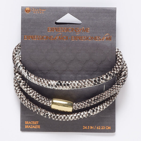 Bracelet, wrap, vinyl and gold-finished steel, brown / white / grey, 6mm wide with snakeskin design, 24-1/2 inches with magnetic clasp. Sold individually. image number 0