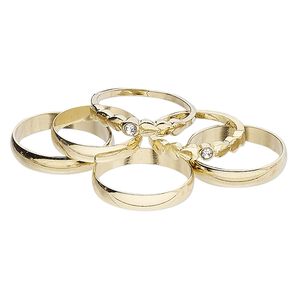 Ring mix, gold-finished brass and glass rhinestone, clear, 3mm and 4mm wide, size 5 to 12-1/2. Sold per pkg of 6.