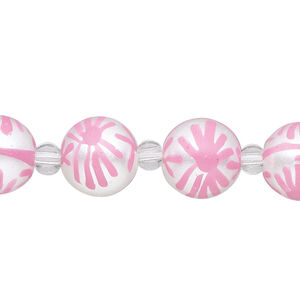 Bead, glass 1pkg8, opaque white and pink, 12mm hand-painted round.