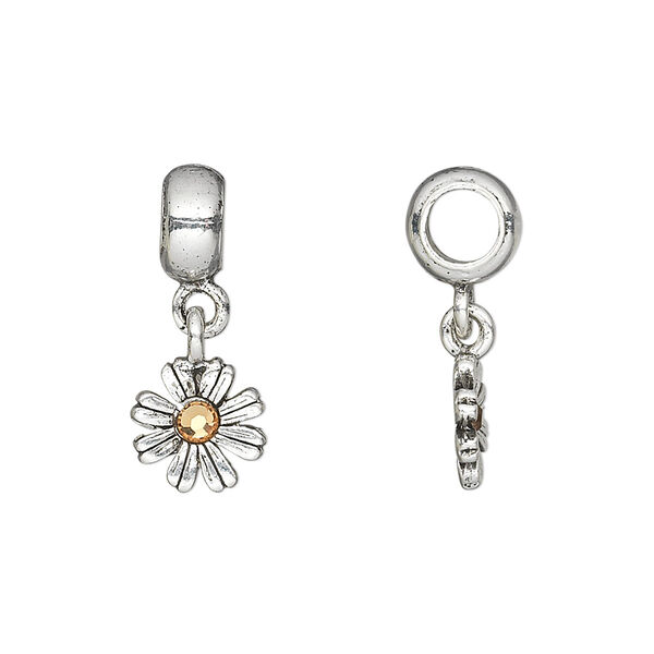 Bead, Dione®, crystals and antique silver-plated pewter (tin-based alloy), light Colorado topaz, 23x10mm overall, 10mm single-sided flower dangle. Sold individually. image number 0