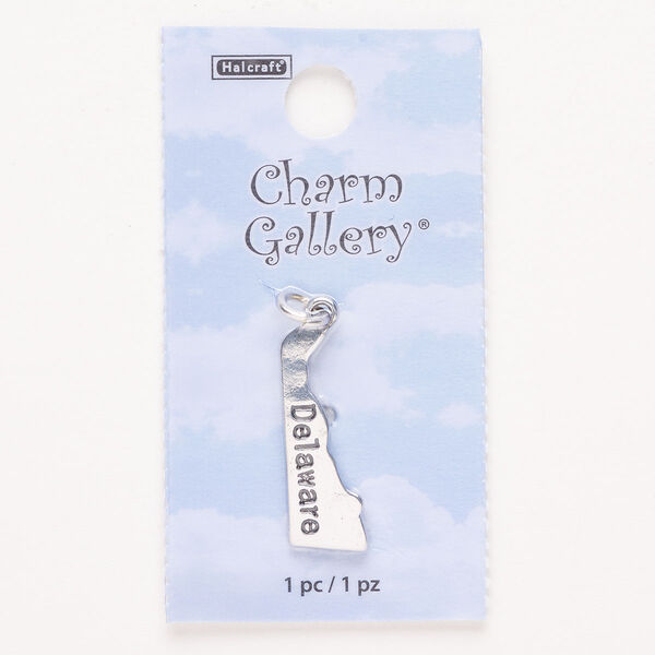 Charm, steel and enamel, pkg/1, silver finish and black, 25x9mm with "Delaware." image number 0