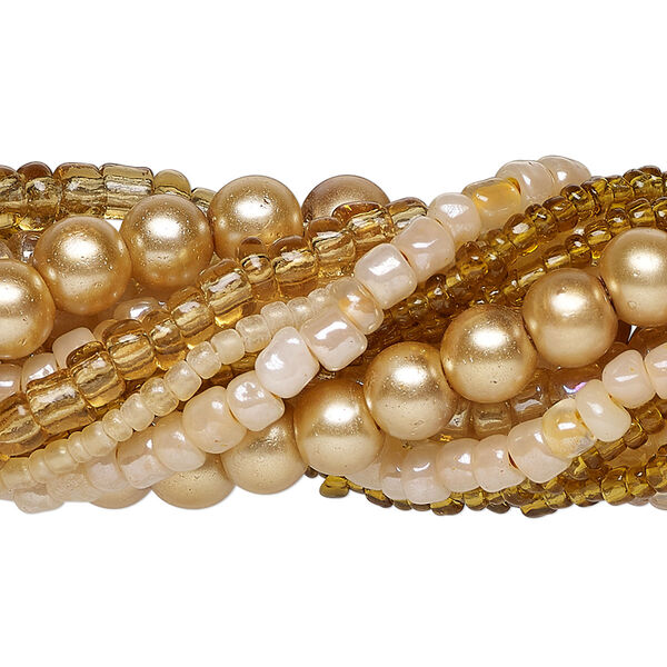 Bead assortment, glass, opaque to transparent light to dark cream, 3x1mm-6mm round and irregular rondelle. Sold per pkg of (8) 14-inch strands, approximately 1,200 beads. image number 0