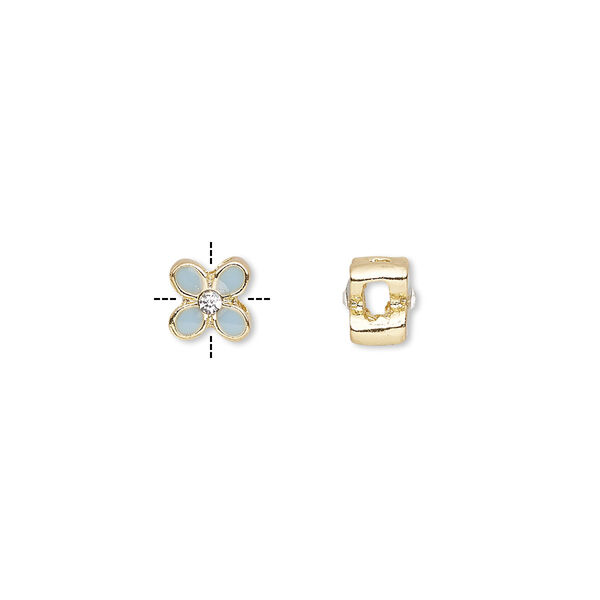 Bead, epoxy / glass rhinestone / gold-finished "pewter" (zinc-based alloy), light blue and clear, 6x6mm cross-drilled double-sided flower with 2mm hole. Sold per pkg of 4. image number 0