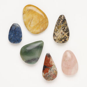 Multi-gemstone 1pkg6, half-drilled puffed / flat teardrop drop mix 22x14mm-45x27mm