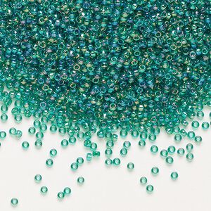 Seed bead, Miyuki, glass, pkg/35g, #15 rocaille, translucent rainbow emerald green (RR-295).
