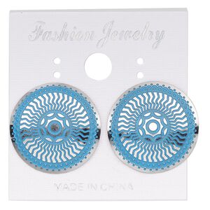 Earstud, stainless steel, blue patina, 20mm round with sun and wavy line design. Sold per pair.