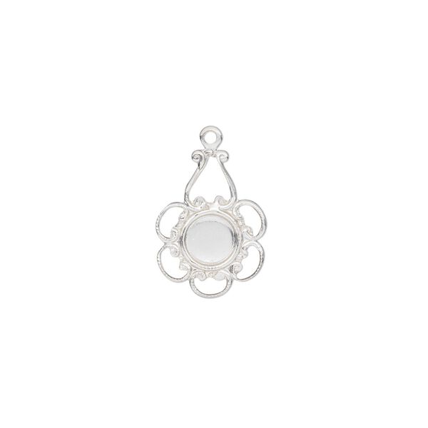 Drop, sterling silver, 16x11mm flower with 5mm round setting and closed back. Sold individually. image number 0