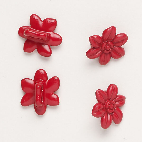 Spacer bar, "pewter" (zinc-based alloy) and enamel, red, 14x12mm 2-strand flower, fits up to 4mm beads. Sold per pkg of 4. image number 0