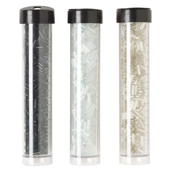 Bugle bead mix, Ming Tree™, glass, opaque to transparent silver-lined rainbow clear and black, 1/4 inch. Sold per pkg of (3) 4 x 3/4 inch vials, approximately 1,900 beads. image number 0