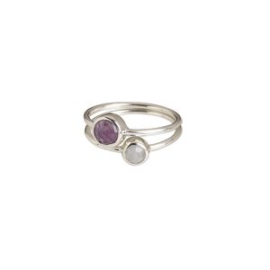 Ring, rainbow moonstone / amethyst (natural) / sterling silver, 6mm and 7mm wide, size 8. Sold per 2-piece set.
