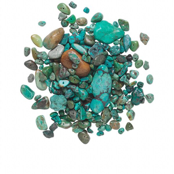Bead mix, turquoise (dyed / stabilized), blue, small to gigantic chip and mini to extra-large nugget, Mohs hardness 5 to 6. Sold per 1/4 pound pkg, approximately 70-180 beads. image number 0