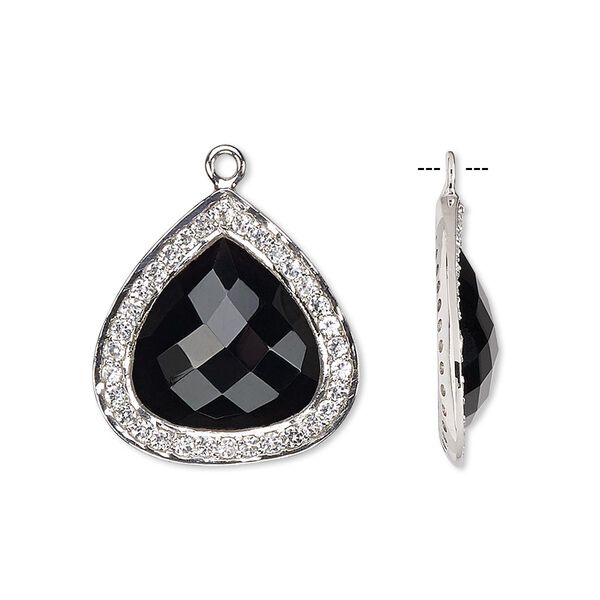 Drop, black onyx (dyed) / white topaz (natural) / sterling silver, 20x20mm single-sided faceted teardrop. Sold individually. image number 0