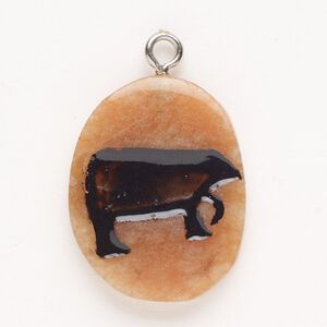 Focal, steel/red aventurine (natural)/enamel, pkg/1, silver finish and black, 30x24mm-39x27mm single-sided puffed freeform with bear, B grade.