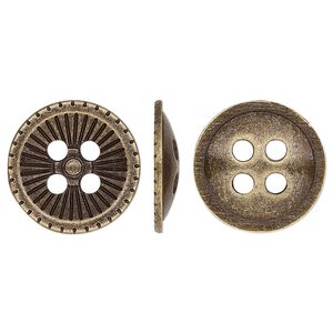 Button, antique brass-plated "pewter" (zinc-based alloy), 18mm single-sided corrugated round. Sold per pkg of 20.