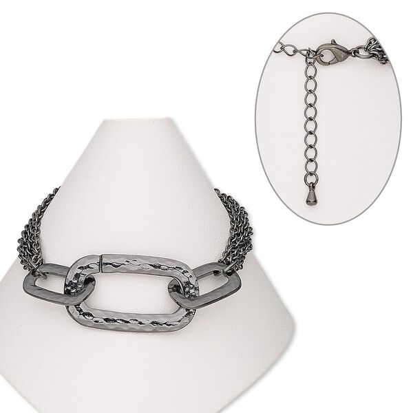 Bracelet, gunmetal-finished "pewter" (zinc-based alloy) / steel / brass, 36x21mm textured link, 7 inches with 2-1/2 inch extender chain and lobster claw clasp. Sold individually. image number 0
