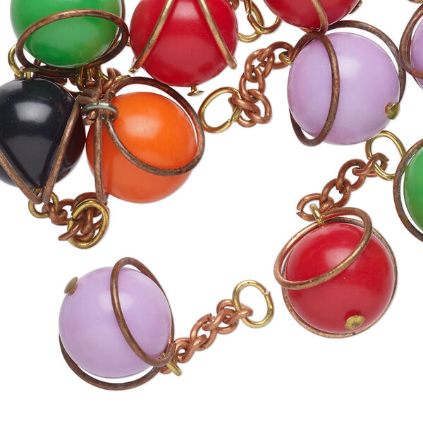 Drop mix, gold- and antique copper-finished acrylic / steel / brass, opaque mixed colors, 12mm wire-wrapped round. Sold per pkg of 20. image number 0