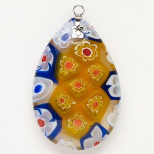 Focal 1pkg1 silver-finished steel and millefiori glass, translucent and transparent yellow and multicolored, 44x30mm-46x32mm puffed teardrop.
