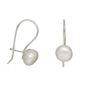 Earring, cultured freshwater pearl (bleached) and sterling silver, white, 22x8mm with 8mm button. Sold per pair.