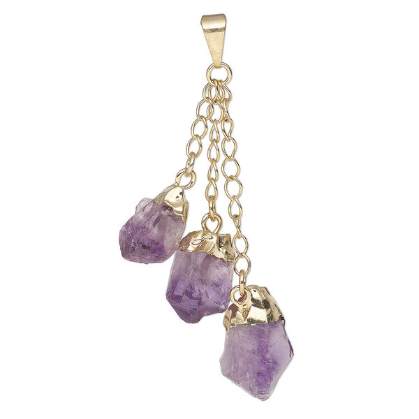Pendant, Everyday Jewelry, gold-plated brass and amethyst (natural), (3) 49-51mm dangling points. Sold individually. image number 0