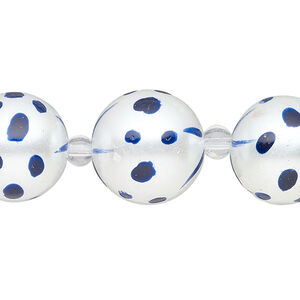 Bead, glass 1pkg8, opaque dark blue and white, 16mm hand-painted round.