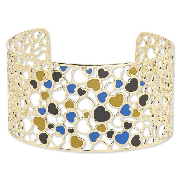 Bracelet, Avant-Garde Jewelry Collection™, cuff, enamel and gold-plated brass, multicolored, 38mm wide with cutout and heart design, adjustable from 7-1/2 to 8 inches. Sold individually. image number 0