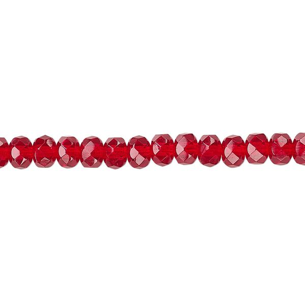 Bead, Czech fire-polished glass, ruby red, 5x4mm faceted rondelle. Sold per 15-1/2" to 16" strand. image number 0
