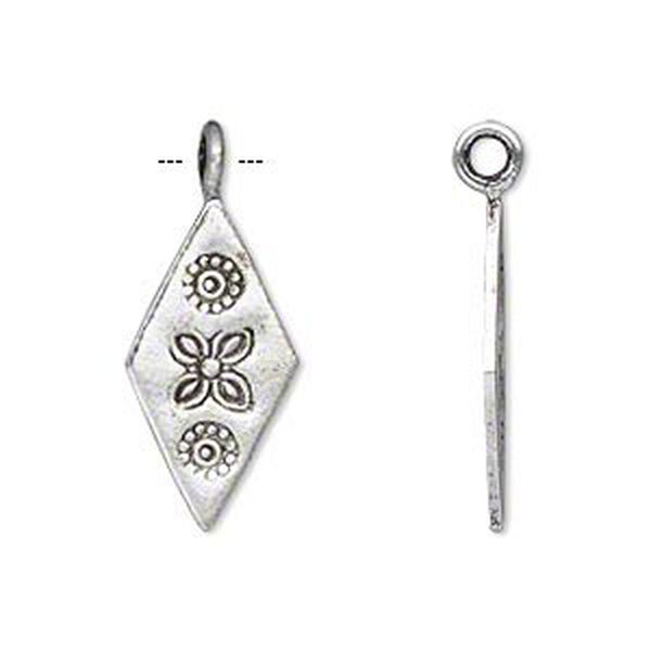 Drop, Hill Tribes, antique silver-plated brass, 21x12mm single-sided diamond with stamped flower and butterfly design. Sold per pkg of 2. image number 0