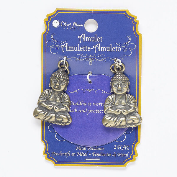 Focal, antique brass-finished "pewter" (zinc-based alloy) and steel, 33x24mm two-sided Buddha. Sold per pkg of 2. image number 0