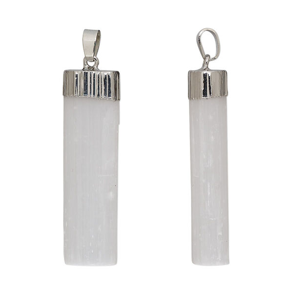 Pendant, selenite (natural) / imitation rhodium-finished steel / brass, 50x15mm-55x20mm hand-cut freeform point. Sold individually. image number 0