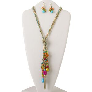 Necklace and earring set, glass / acrylic / waxed cotton cord / gold-finished steel / brass, multicolored, 9-inch dangle, 24-inch necklace with 3-inch extender chain and lobster claw clasp, 2-inch earrings with leverback ear wire. Sold per set.