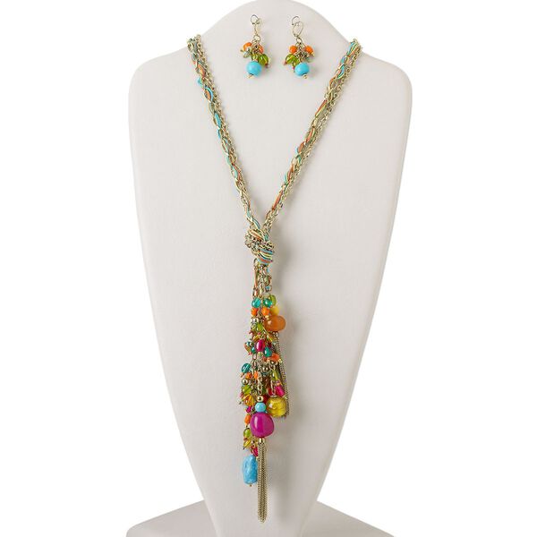 Necklace and earring set, glass / acrylic / waxed cotton cord / gold-finished steel / brass, multicolored, 9-inch dangle, 24-inch necklace with 3-inch extender chain and lobster claw clasp, 2-inch earrings with leverback ear wire. Sold per set. image number 0