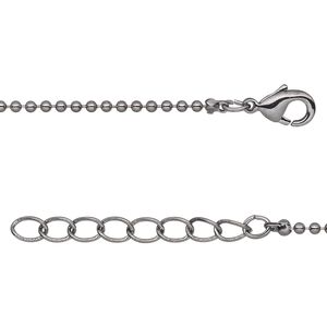 Chain, gunmetal-plated brass, 1.5mm ball, 7-1/2 inches with 1-1/4 inch extender chain and lobster claw clasp. Sold per pkg of 6.