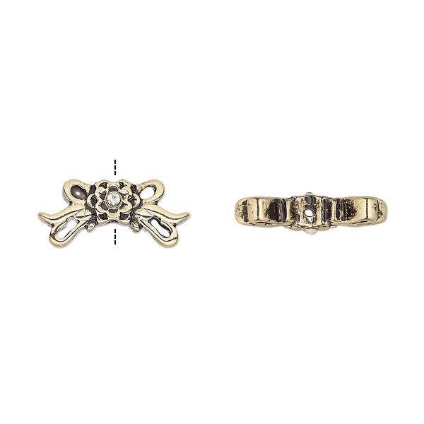 Bead, glass rhinestone and antique gold-finished "pewter" (zinc-based alloy), clear, 10x8mm flower with ribbon. Sold per pkg of 4. image number 0