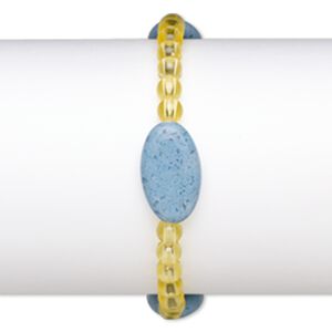 Bracelet, stretch, glass and acrylic, yellow and opaque blue, 5mm round and 23x13mm-23x14mm puffed oval, 7 inches. Sold individually.