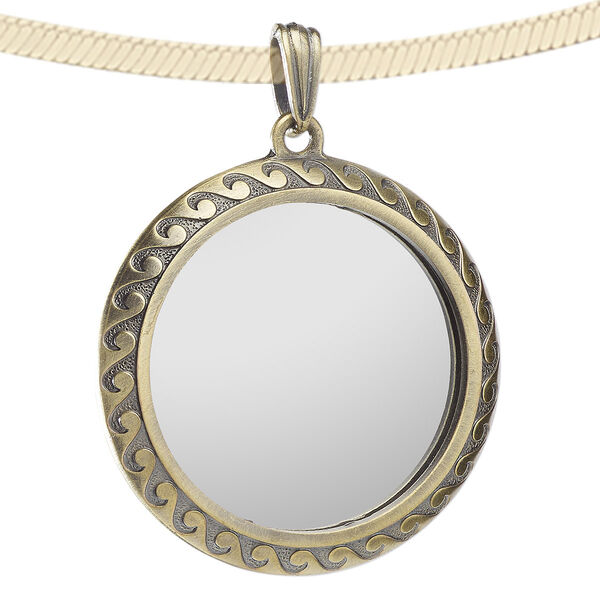 Pendant, glass and antique brass-finished "pewter" (zinc-based alloy), 53mm flat round with mirror and wave design. Sold individually. image number 0