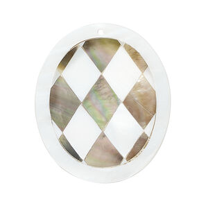 Focal, black lip shell / mother-of-pearl shell / resin (assembled) 1pkg1, 34x29mm-35x30mm top-drilled 1sided oval with checkerboard pattern.