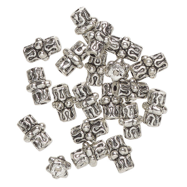 Bead, "pewter" (zinc-based alloy), pkg/20, 10x6mm-10x7mm textured round tube, antique silver finish. image number 0