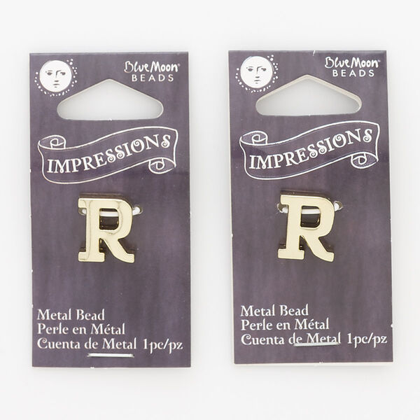 Bead, gold-finished "pewter" (zinc-based alloy), 13x11mm top-drilled alphabet letter R with 2mm hole. Sold per pkg of 2. image number 0