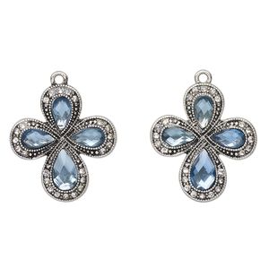 Drop, antique silver-finished "pewter" (zinc-based alloy) and glass, clear and light blue, 29x26mm cross. Sold per pkg of 2.